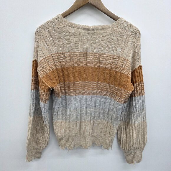 Womens XS Distressed V Neck Striped Knit Sweater Beige Tan Gray Boho Grunge - Picture 4 of 15
